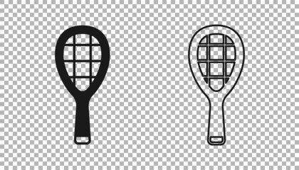 Black Tennis racket icon isolated on transparent background. Sport equipment. Vector