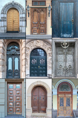 Fototapeta na wymiar nine wooden doors with a beautiful paneled finish in the historical part of different cities of the world