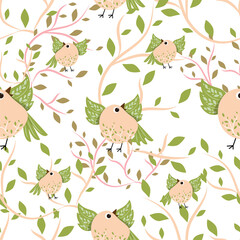 vector bird sits on a twig with spread wings, spring print with green leaves and twigs