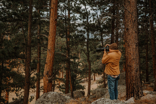 Photographer in the forest taking pictures of wildlife 