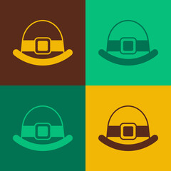 Pop art Leprechaun hat icon isolated on color background. Happy Saint Patricks day. National Irish holiday. Vector