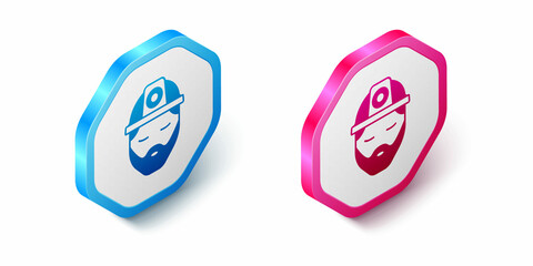 Isometric Builder icon isolated on white background. Construction worker. Hexagon button. Vector