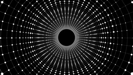 Cyber tunnel consisting of moving glowing points. Futuristic infinite space background. Concept of data transfer in cyberspace. Hi-tech illustration. Vector illustration.