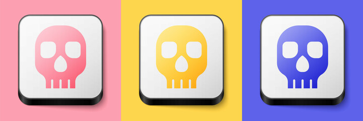 Isometric Skull icon isolated on pink, yellow and blue background. Happy Halloween party. Square button. Vector