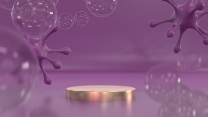 Virus Background 3d purple rendering with gold podium, minimal product display background 3d rendered geometric shape. Stage 3d render with a bacterium