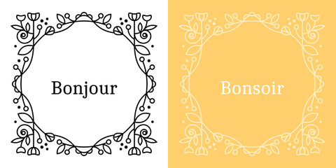 Cadre élégant chic luxueux lignes traits noir courbe fleur faire-part mariage invitation romantique délicat fleur message texte monochrome