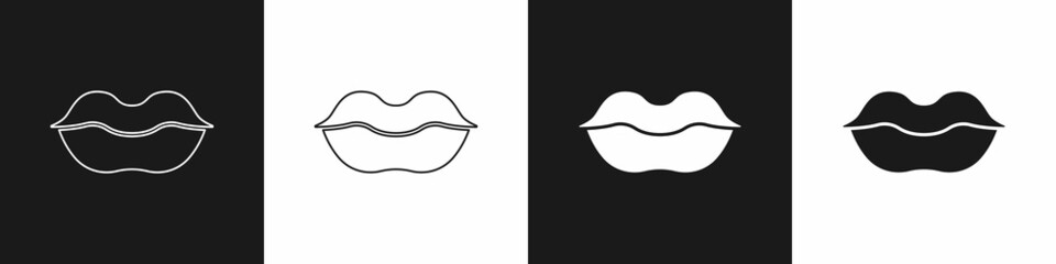 Set Smiling lips icon isolated on black and white background. Smile symbol. Vector