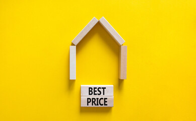 Fototapeta na wymiar Best price and house symbol. Concept words 'best price' on wooden blocks near miniature house. Beautiful yellow background, copy space. Business and best price house concept.