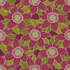 Abstract poinsettia flower vector seamless pattern. Festive green burgundy background with hand drawn flowers and leaves. Overlapping plant motifs in seasonal colors. Textural repeat for winter