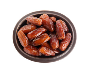 Sweet dried dates in bowl on white background, top view