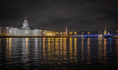Fototapeta na wymiar View of the Neva River, Palace Bridge. St. Petersburg. Russia. Night. Autumn