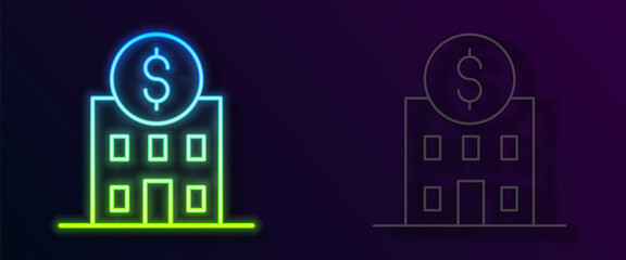 Glowing neon line Bank building icon isolated on black background. Vector