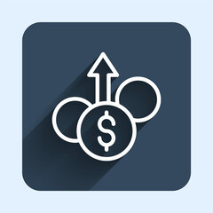 White line Financial growth dollar coin icon isolated with long shadow background. Increasing revenue. Blue square button. Vector