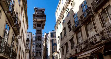 City centre of Lisbon, street leading to the iconic Santa Justa Lift