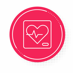 White line Heart rate icon isolated on white background. Heartbeat sign. Heart pulse icon. Cardiogram icon. Red circle button. Vector