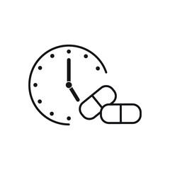 time taking dose medication icon, hour pills treatment, ingestion tablets reminder, thin line symbol on white background