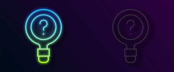 Glowing neon line Unknown search icon isolated on black background. Magnifying glass and question mark. Vector