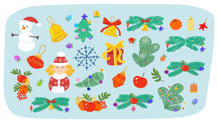 New Year winter elements for design. New Year holiday icons in cartoon style. Christmas stickers and badges. Vector illustration.