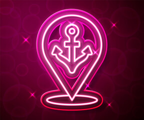Glowing neon line Map pointer with anchor icon isolated on red background. Vector