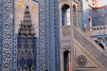 ISLAMIC DECORATIONS AND BLUE TILES IN THE RUSTEM PASHA MOSQUE IN ISTANBUL, TURKEY