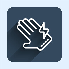 White line Electric glove icon isolated with long shadow background. Safety gloves, hand protection. Blue square button. Vector