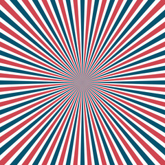 Sun rays striped background in colours of USA flag. Vector Illustration
