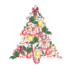 The figure of a Christmas tree made of Christmas toys on a white background.