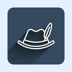 White line Oktoberfest hat icon isolated with long shadow background. Hunter hat with feather. German hat. Blue square button. Vector