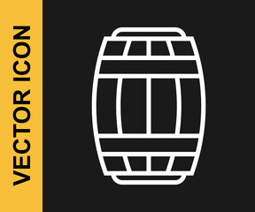 White line Wooden barrel icon isolated on black background. Alcohol barrel, drink container, wooden keg for beer, whiskey, wine. Vector