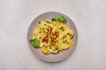 Horizontal orientation pasta pappardelle with mushrooms chanterelles, cheese and parsley on plate , top view, copy space
