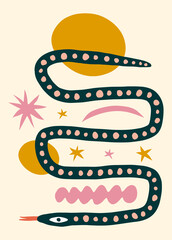 Childish style snake boho naive funky handdrawn art style vector illustration