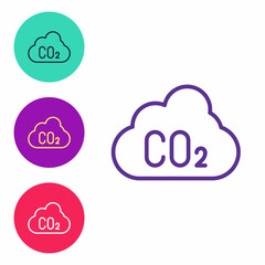 Set line CO2 emissions in cloud icon isolated on white background. Carbon dioxide formula, smog pollution concept, environment concept. Set icons colorful. Vector