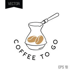 Coffeeshop logo or icon. Сoffee pot isolated on white background. Brown coffee beans.