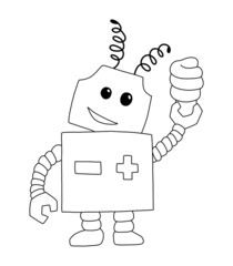 The outline of  square robot holds an energy-saving light bulb in his hand. Cartoon hand drawn illustration