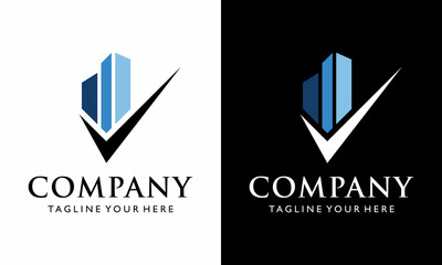 Real estate vector logo design with building and check illustration on a black and white background.