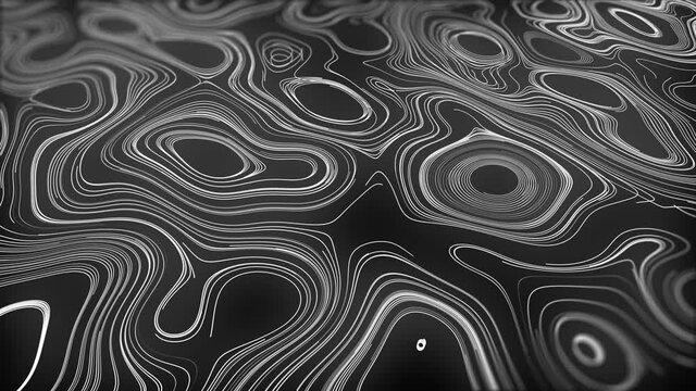 White outline topographic contour map abstract tech motion graphic design. Geometric background. Video animation Ultra HD 4K 3840x2160. Moving waves on black background. Pattern with waves of lines	
