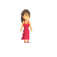 Young woman in red dress pixel icon. Element design for logo, stickers, web, embroidery and mobile app. Isolated vector illustration. 8-bit sprite.