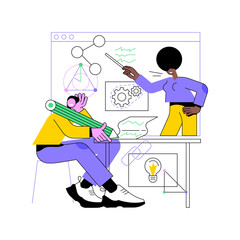 Fototapeta na wymiar Online teaching abstract concept vector illustration. Share knowledge, digital tablet, distance webinar, video online course, wireless headphones, tutor on laptop, elearning abstract metaphor.