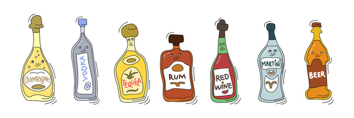 Champagne, vodka, tequila, rum, red wine, martini, beer with smile on white background. Cartoon sketch graphic design. Doodle style with black contour line. Cute hand drawn bottle. Party drinks