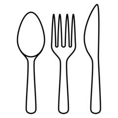 Kitchen tools cutlery set of spoon, fork, and knife outline simple minimalistic flat design vector illustration isolated on white background