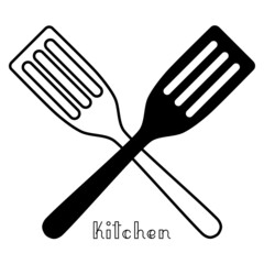 Kitchen tools set of two crossed spatulas and handdrawn word kitchen logo outline simple minimalistic flat design vector illustration isolated on white background