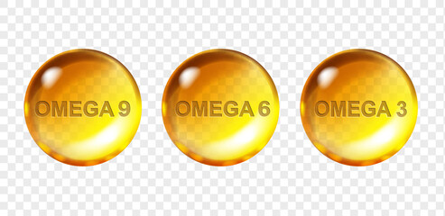 Omega 3 Omega 6 Omega 9 Polyunsaturated acids pill. Fish oil capsules of vitamin Vector realistic 3d illustration - obrazy, fototapety, plakaty