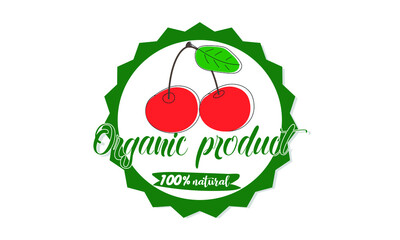 The logo of 100% natural organic product is cherry. The sign is suitable for packaging, eco organic product, business, food label design.