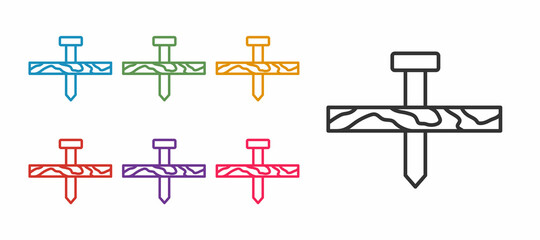 Set line Metallic nail and wood plank icon isolated on white background. Set icons colorful. Vector