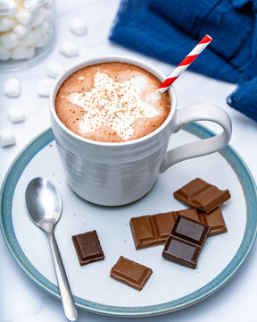 Homemade hot chocolate with whip cream in the shape of a snowflake and chocolate shaving on top in a white mug. Marshmallows are scattered around in the background.