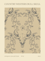 Western Bull Skull Print with Rose Flowers