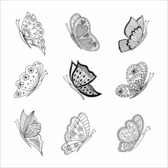Set of hand-drawn butterfly doodle elements for coloring, invitation, postcard. Black and white vector image