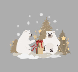 Fototapeta premium White polar bear in winter before Christmas and Happy New Year, postcard
