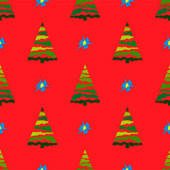 Obraz premium Seamless Christmas pattern with decorative Christmas trees. Green Christmas trees on a red background. Vector illustration