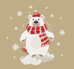 White polar bear in winter before Christmas and Happy New Year, postcard